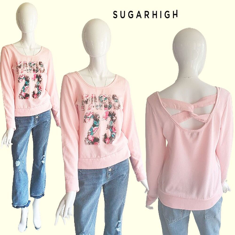 SUGAR HIGH New Coquettecore Floral Logo Twisted Open Back Sweat Top L (Fits M)